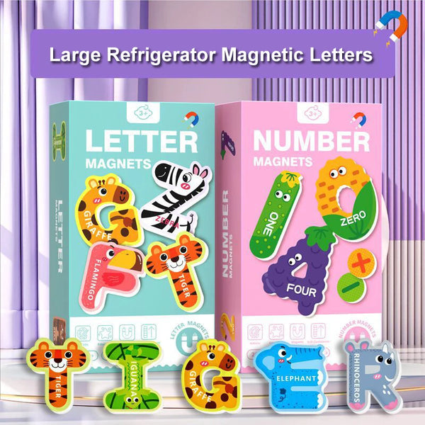 A set of large magnetic letters and number magnets featuring animals like tigers, elephants, and various shapes for children.