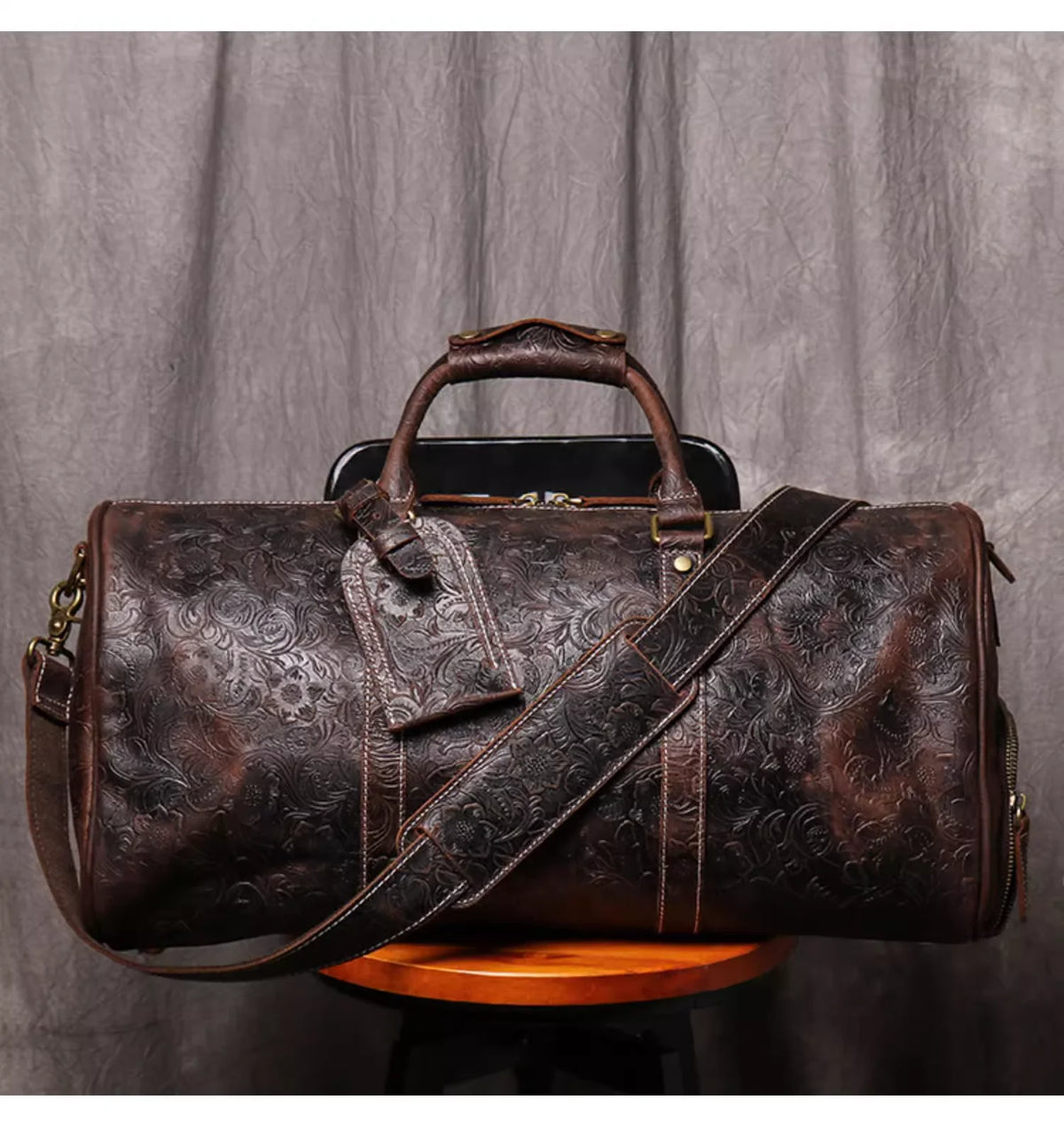 Vintage Embossed Leather Travel Duffle Bag