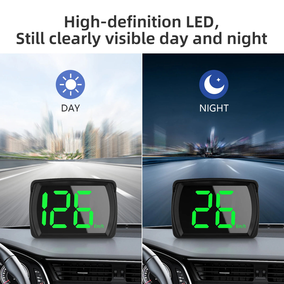 A high-definition LED speedometer display showing 126 km/h during day and night driving.
