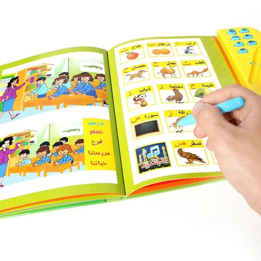 An open Arabic interactive e-book learning toy showing colorful pages with pictures and text for children.