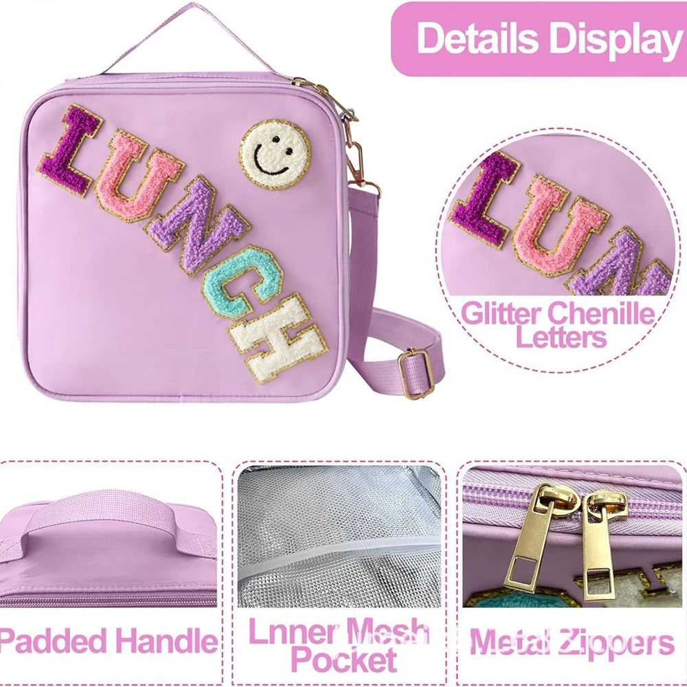 A purple insulated lunch bag featuring glitter chenille letters spelling 'LUNCH' and a padded handle.
