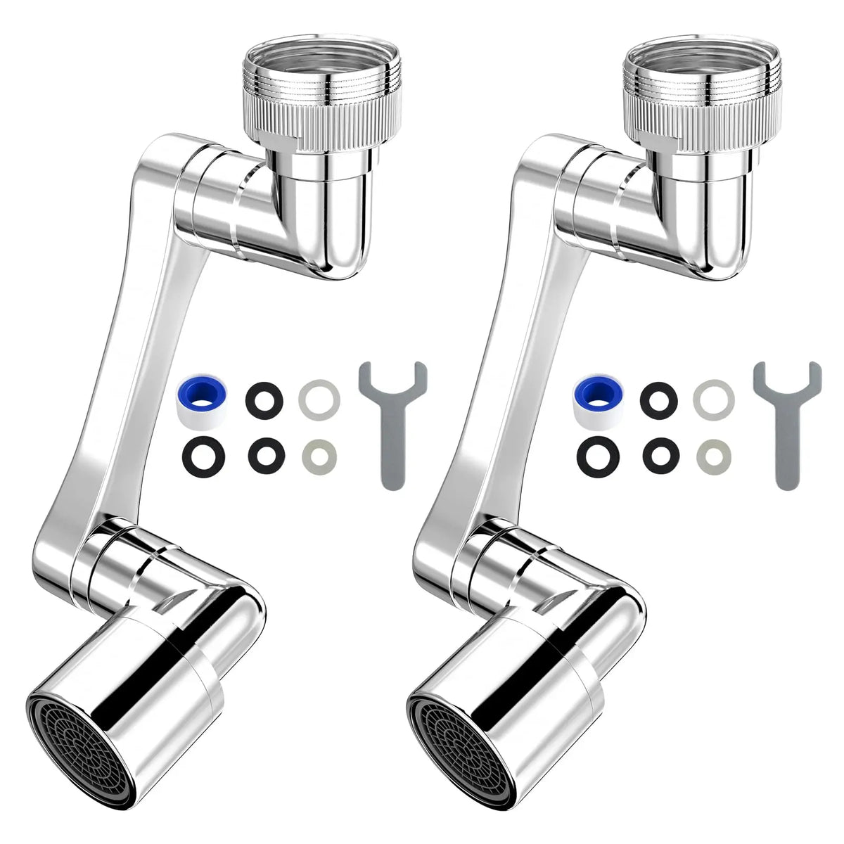 Chrome faucet extender with a swivel head and dual-mode sprayer nozzle.