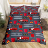 A red and gray firefighter themed duvet cover set featuring fire engine and rescue equipment patterns.