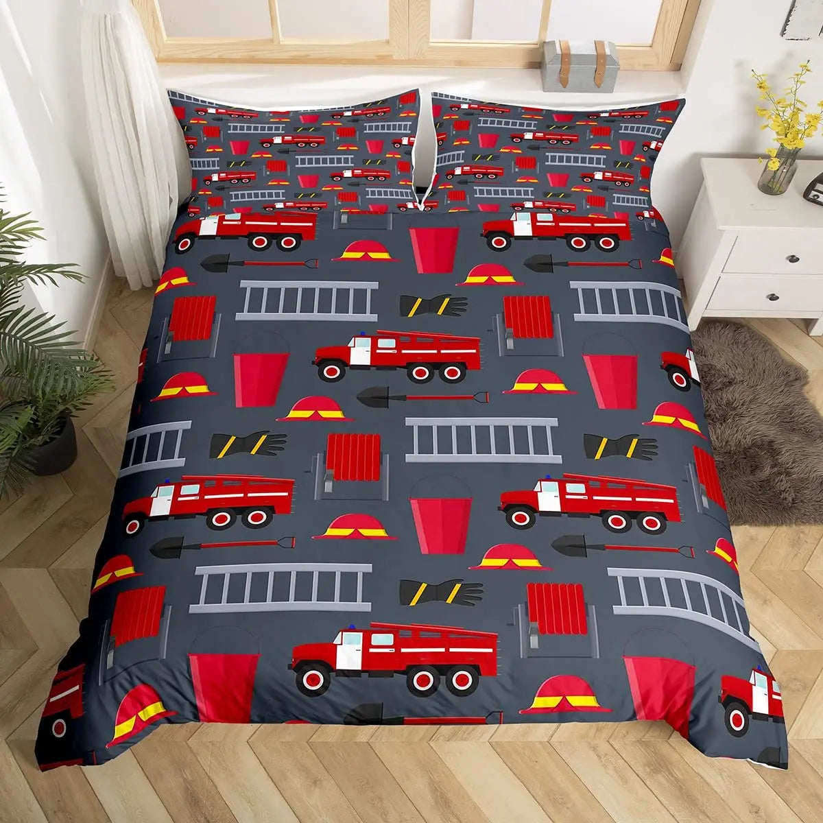 A red and gray firefighter themed duvet cover set featuring fire engine and rescue equipment patterns.