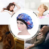 A satin hair bonnet is shown in various contexts for sleeping, bathing, and nursing hair use.
