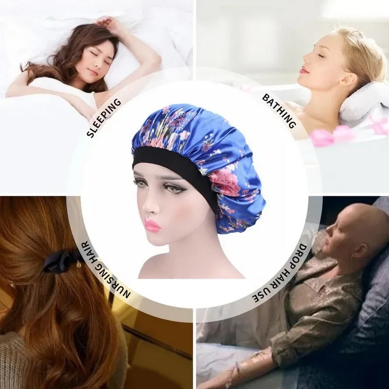 A satin hair bonnet is shown in various contexts for sleeping, bathing, and nursing hair use.