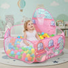 A pink foldable pop-up play tent with a transparent mesh window is shown, featuring colorful balls and a child inside.