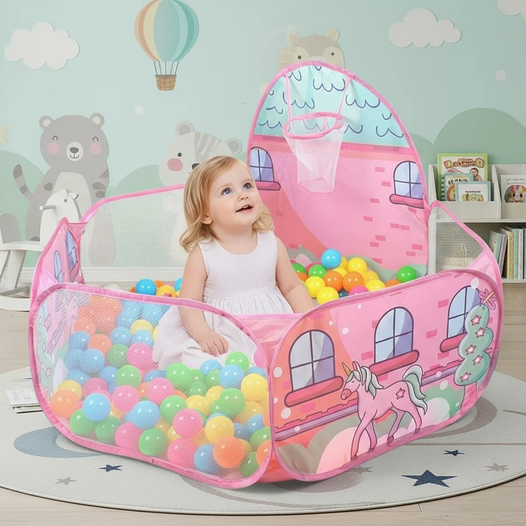 A pink foldable pop-up play tent with a transparent mesh window is shown, featuring colorful balls and a child inside.