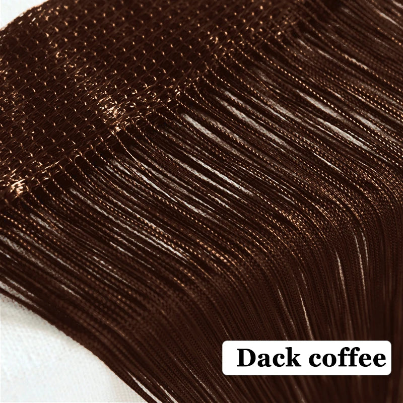 Close-up of dark brown dac coffee beaded thread curtain fibers