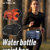 A woman wearing a black top and dark leggings is holding an orange wetsuit waist bag while running outdoors.