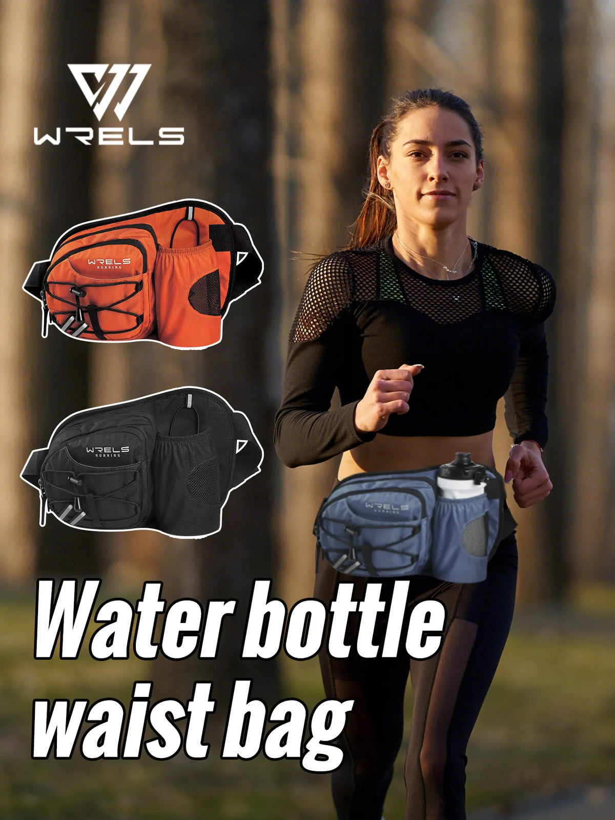 A woman wearing a black top and dark leggings is holding an orange wetsuit waist bag while running outdoors.