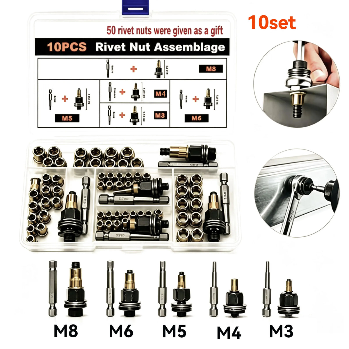 A set of 10 rivet nut assemblies and various sized rivet nut tools including M3 to M8 heads.