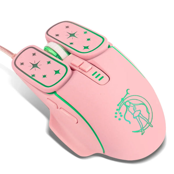 Pinke ergonomische Gaming-Maus mit grünen Akzenten und Sternmustern