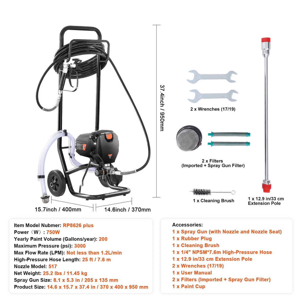 An airless paint sprayer kit showing the main unit, hoses, brushes, and accessories.
