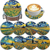 A set of DIY diamond painting coasters featuring colorful floral and landscape designs with a metal holder.
