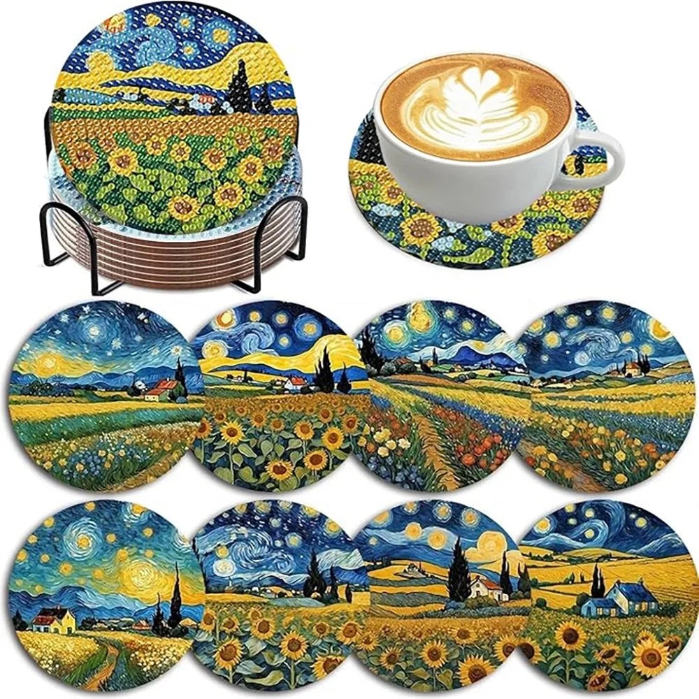 A set of DIY diamond painting coasters featuring colorful floral and landscape designs with a metal holder.