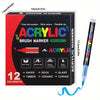 A box of 12 color acrylic brush marker pens with various colors and tips for drawing and crafting