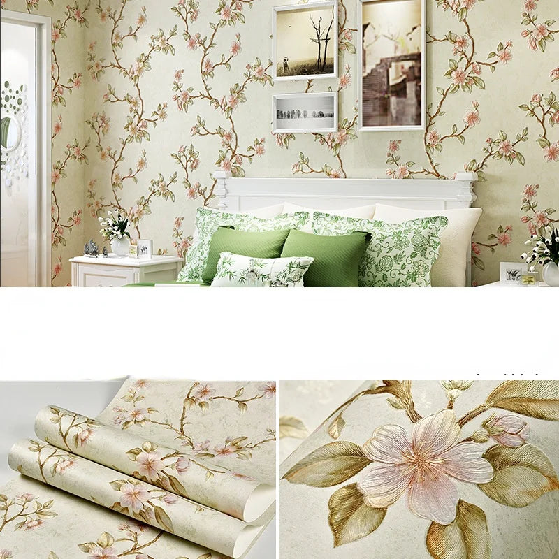 Roll of 3D embossed floral self-adhesive wallpaper featuring pink and green foliage patterns