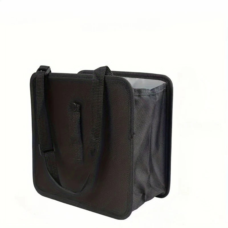 Black foldable car trash can and organizer with a waterproof liner.
