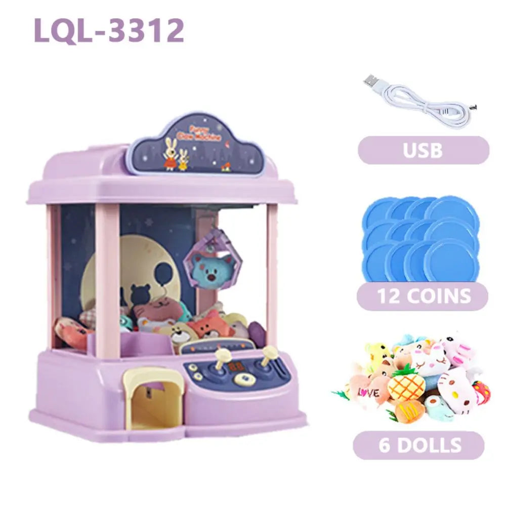 A purple mini claw crane machine for kids with lights and music, featuring a USB power cord and coins.