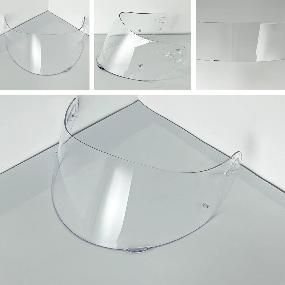 Clear replacement helmet visor shown in multiple angles, demonstrating its curved shape and anti-fog coating.