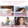 A collage showing the satin sleep bonnet suitable for showering, sleep, cleaning, and make up.