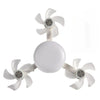 A white remote control LED ceiling fan with three blades and a central light.