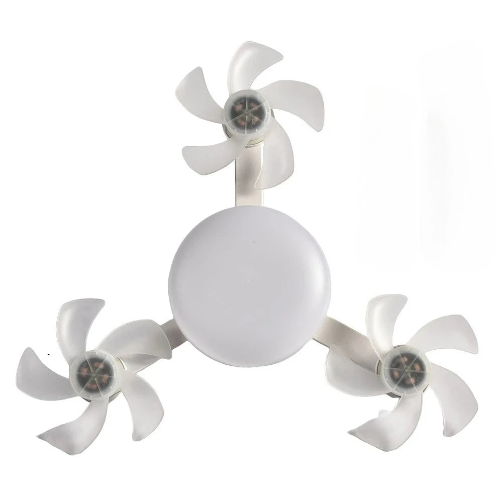 A white remote control LED ceiling fan with three blades and a central light.
