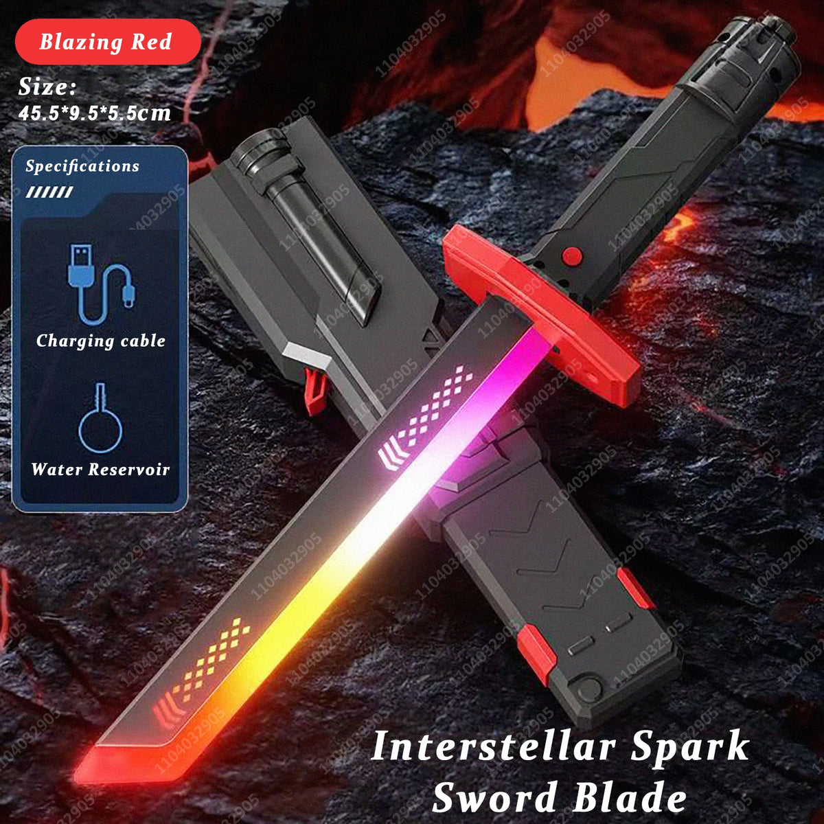 A black sword blade with a glowing red and purple light effect, featuring an interstellar spark design.