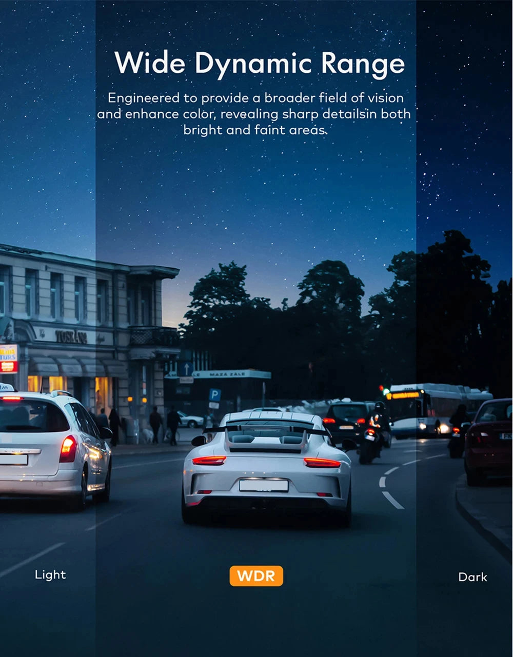A split image showing a car at night, demonstrating the wide dynamic range of a dash cam in light and dark conditions.