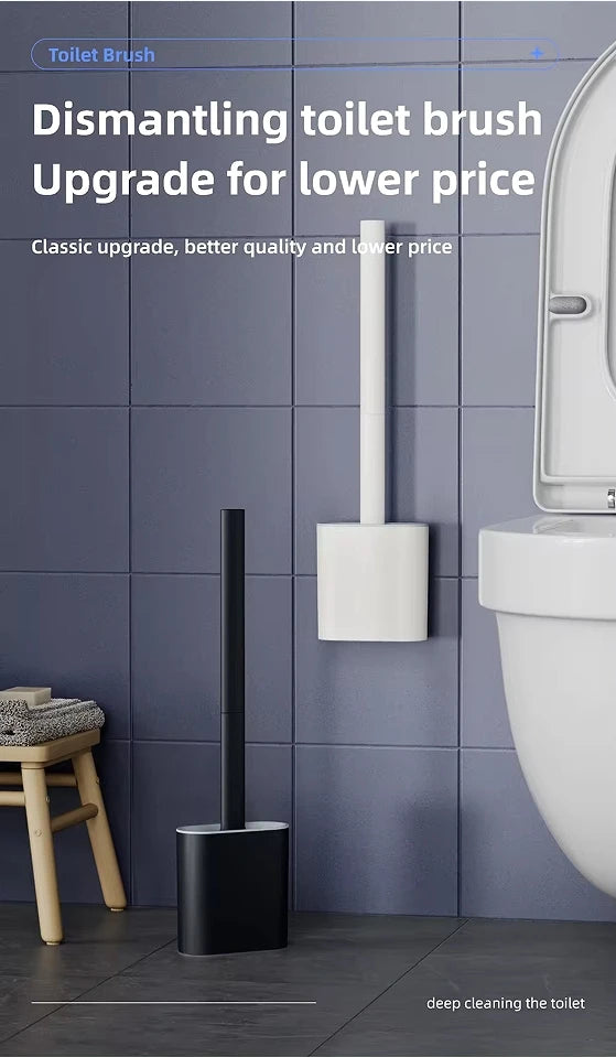 A wall-mounted toilet brush set with a black handle and white base is shown next to a toilet.