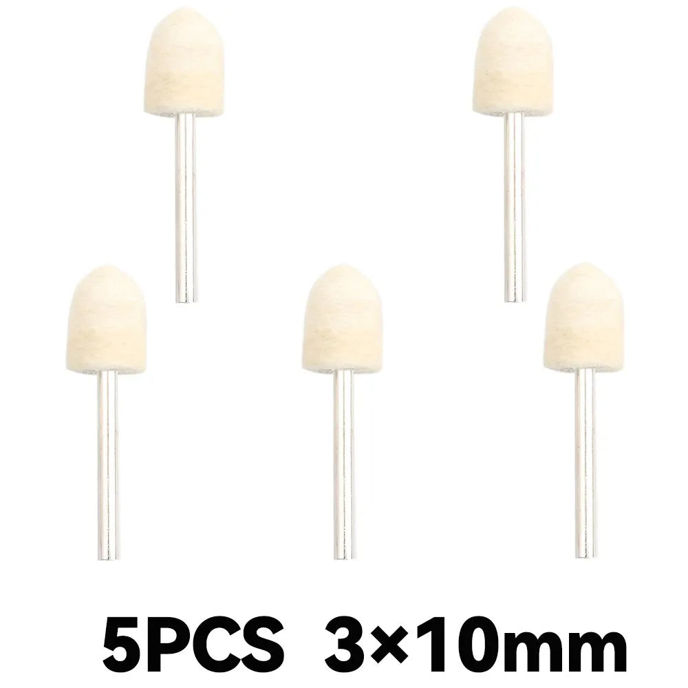 Five natural wool felt polishing wheels with 10mm shafts for rotary tools