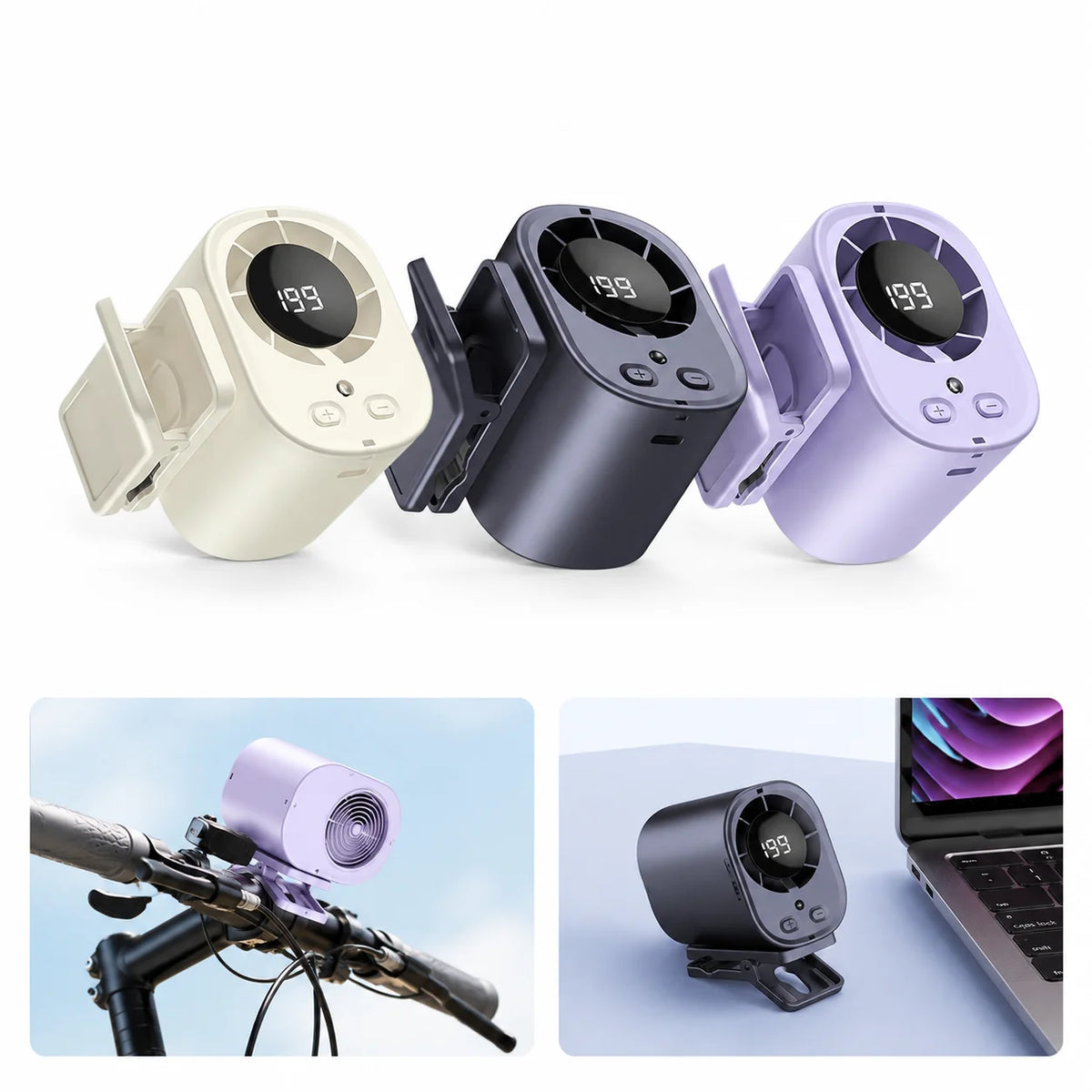 Tres ventiladores portátiles para coche en blanco, gris y morado, mostrados con un ventilador montado en el manillar de una b