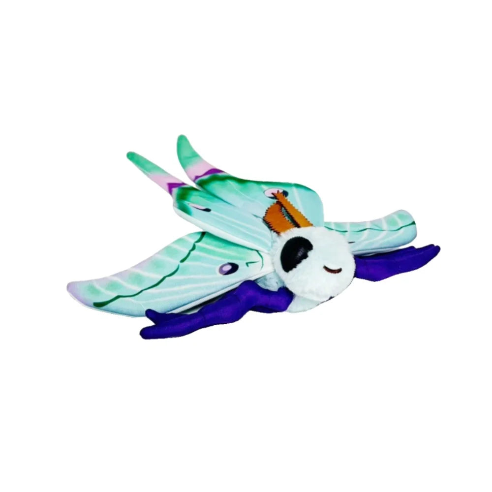 A plush toy of a Luna Moth with light blue and green wings and purple body.