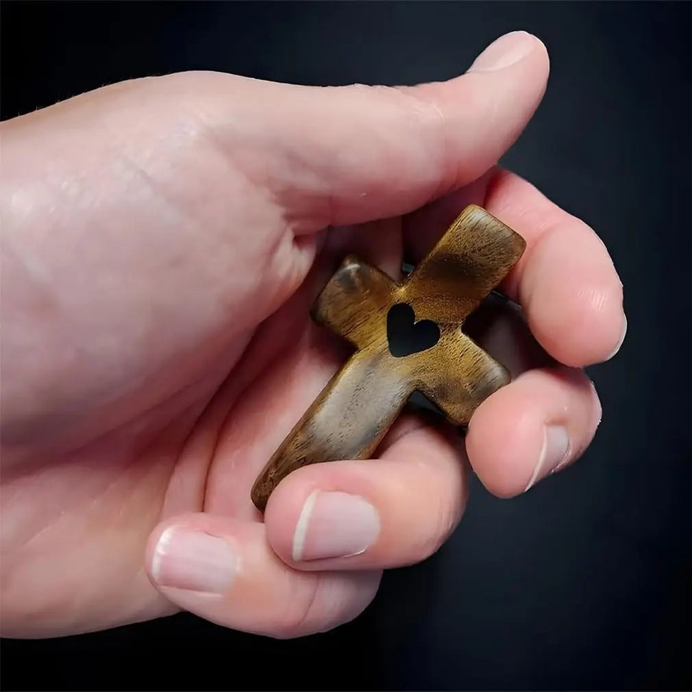 Wooden Pocket Cross with Heart Cutout