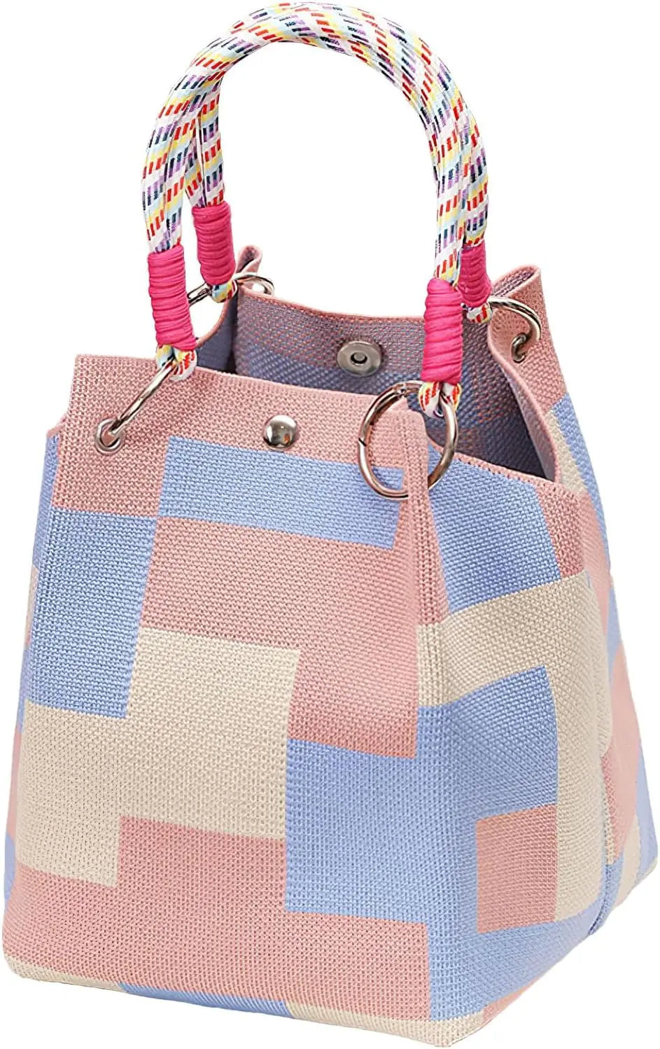 Mini Knitted Colorblock Bucket Bag with Detachable Handle