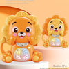 An orange lion-themed musical animal piano toy with lights for toddlers, featuring various animal figures.