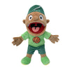 A plush toy of Jeffy, a cartoon character with brown skin and green clothing, is shown standing.