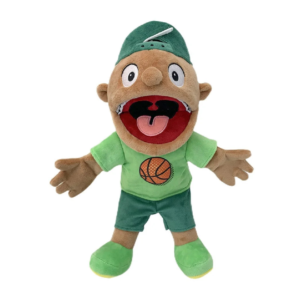 A plush toy of Jeffy, a cartoon character with brown skin and green clothing, is shown standing.