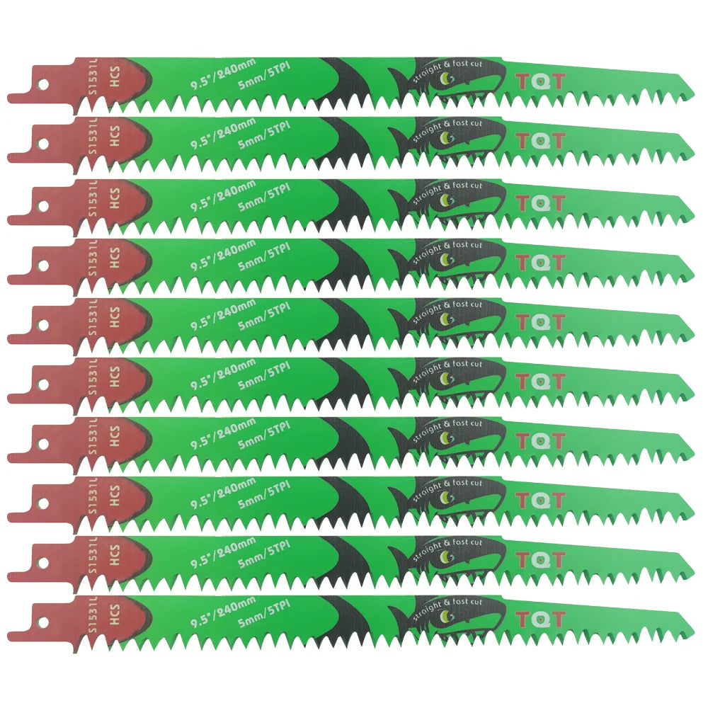 A set of ten 9.5/240mm reciprocating saw blades with green and black handles and teeth.