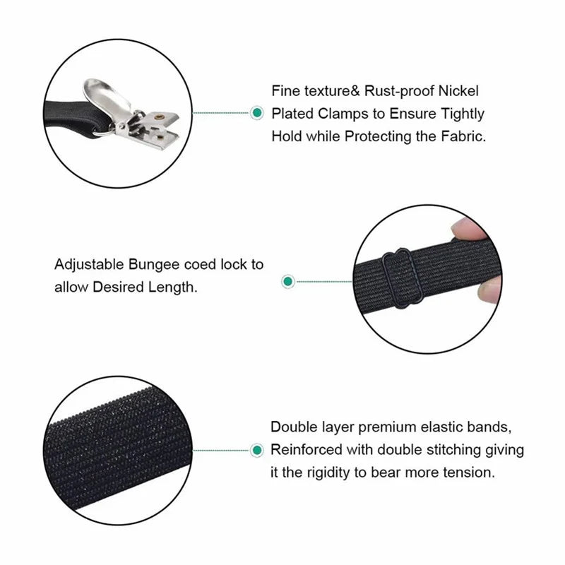 Close-up view of adjustable bungee cord locks and plated clamps used to secure fabric, along with double layer elastic bands.