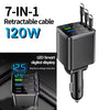 7-in-1 120W Car Charger with Retractable Cables and Digital Voltmeter