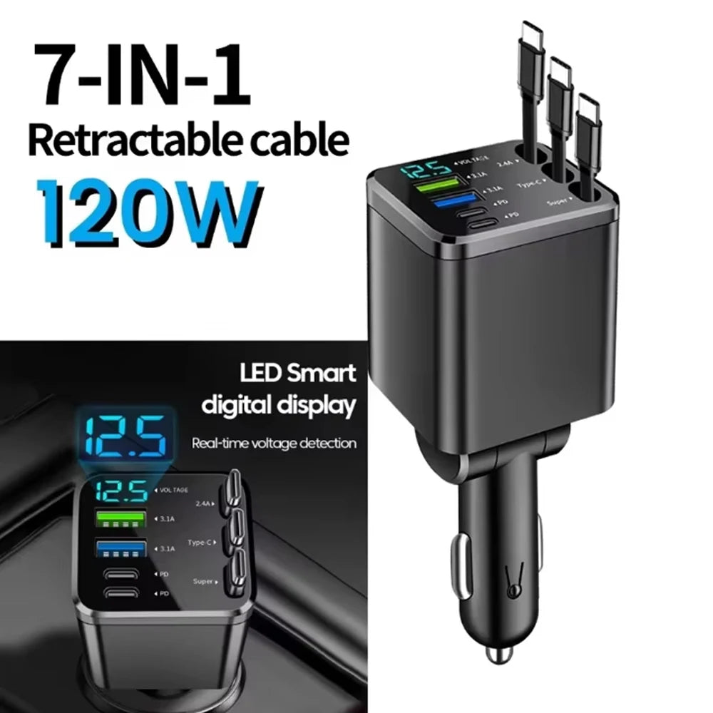 7-in-1 120W Car Charger with Retractable Cables and Digital Voltmeter