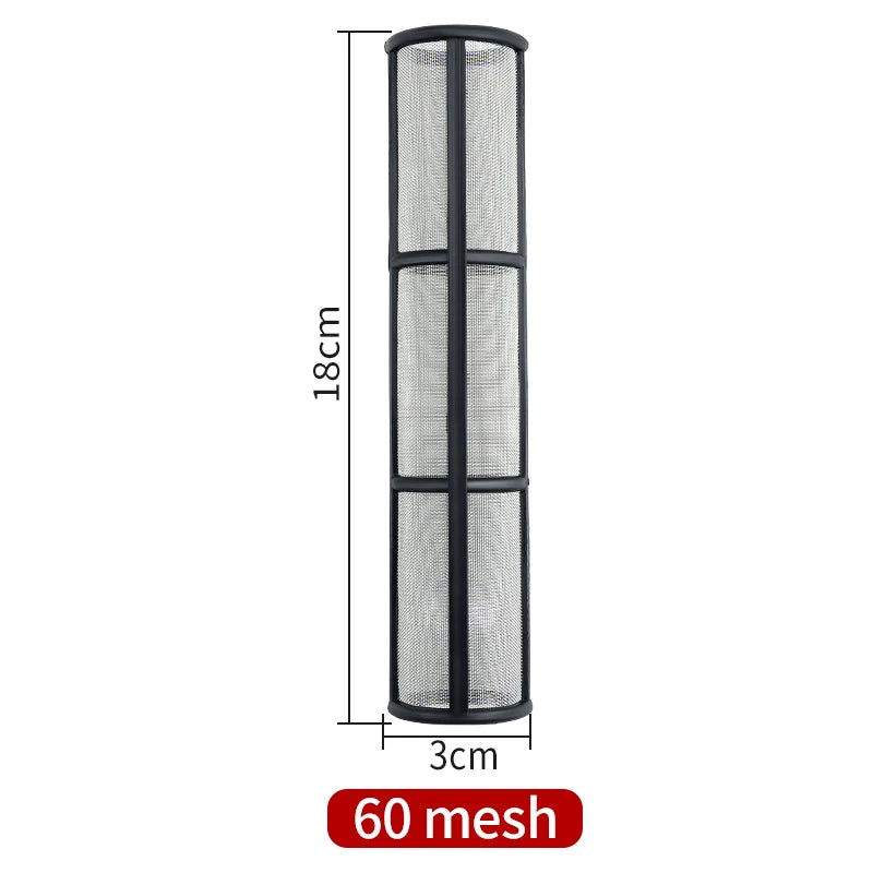 Schwarze Maschenfilter-Set für eine luftlose Sprühmaschine, mit Abmessungen dargestellt.
