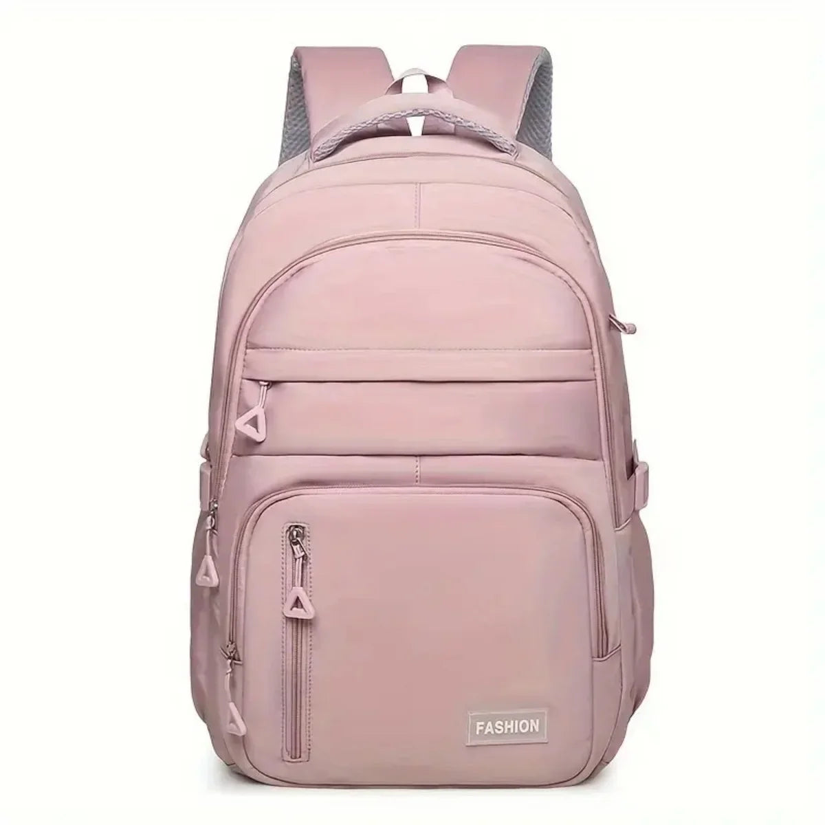 A pink backpack with gray accents shown from the back.