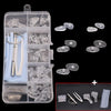 A clear plastic kit containing various glasses repair components including nose pads, screws, and precision tools.