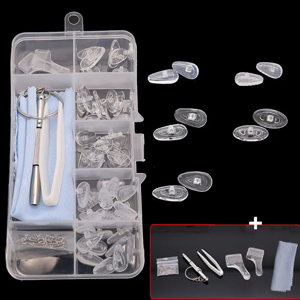 A clear plastic kit containing various glasses repair components including nose pads, screws, and precision tools.