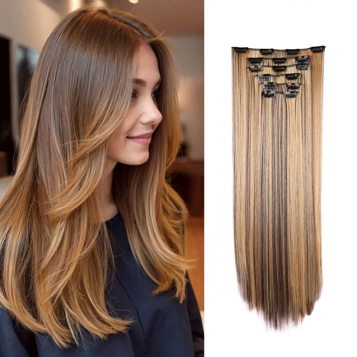 Une femme montre des extensions de cheveux blonds longs et raides en cours de coiffure.