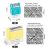 Two identity protection stamps, one blue and one yellow, are shown with measurements and text indicating usage frequency.