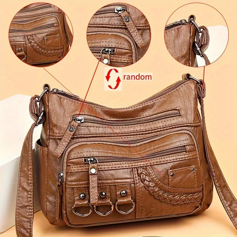 A brown vintage PU crossbody bag shown with various angles and details.